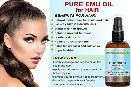 PURE EMU Oil, 100% Pure, 4 oz-120 ml. For Face, Hair, Body and Nails. Great for Dermatitis, Psoriasis, Eczema, Brittle Nails, Dry Hair & Scalp, Burns, Pain, Stretch Marks, Rosacea, Cuts, Scars, Anti- Aging and More! by Botanical Beauty