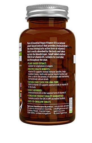 Pure & Essential Vitamina D3 Vegana, 1000 UI Colecalciferol de origen vegetal, 365 comprimidos