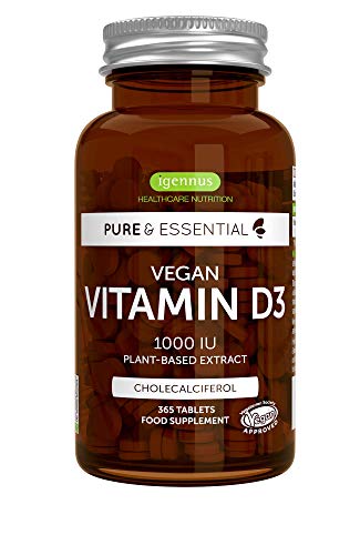 Pure & Essential Vitamina D3 Vegana, 1000 UI Colecalciferol de origen vegetal, 365 comprimidos
