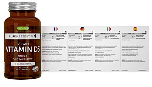 Pure & Essential Vitamina D3 Vegana, 1000 UI Colecalciferol de origen vegetal, 365 comprimidos