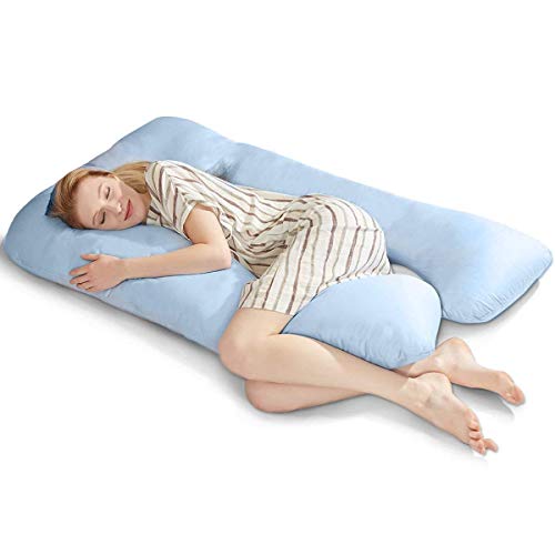puredown® Almohada Embarazada en Forma de U Almohadas de Maternidad Cuerpo Completo - Almohada Azul U con Cremallera