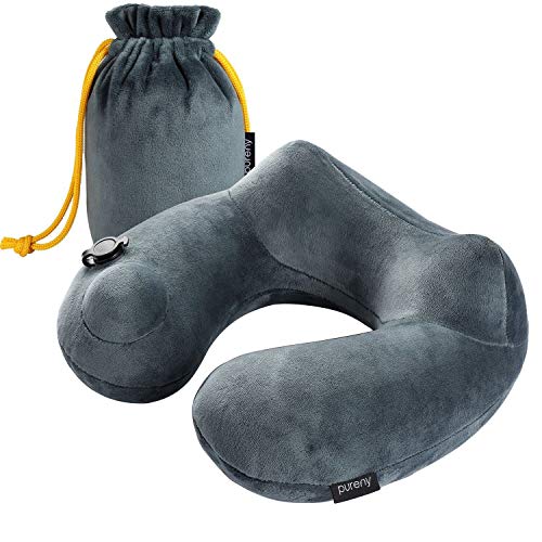 Purefly Almohada de Viaje,con Soporte de Cuello. Inflable, Super Suave y compacta para Dormir en el avión, Coche y Tren. con Bolsa de Transporte. Suave y ergonómica. Diseño Talla única.
