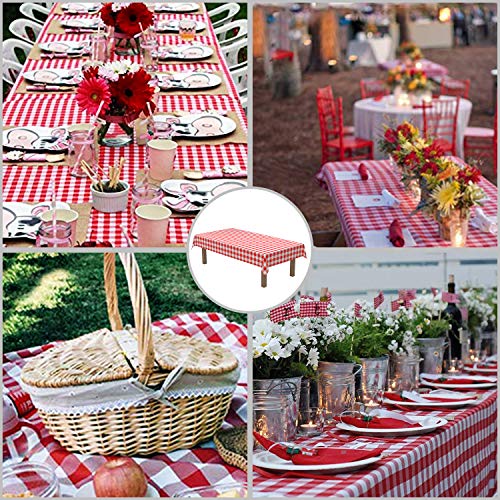 Puricon 6 Unidades Mantel Plástico Reutilizable 137 × 274 cm, Cubierta Plástica de Mesa Rectángula a Cuadros Rojo y Blanco para Bufé, Fiesta, Cena, Boda, Picnic y Más -Cuadro Rojo y Blanco