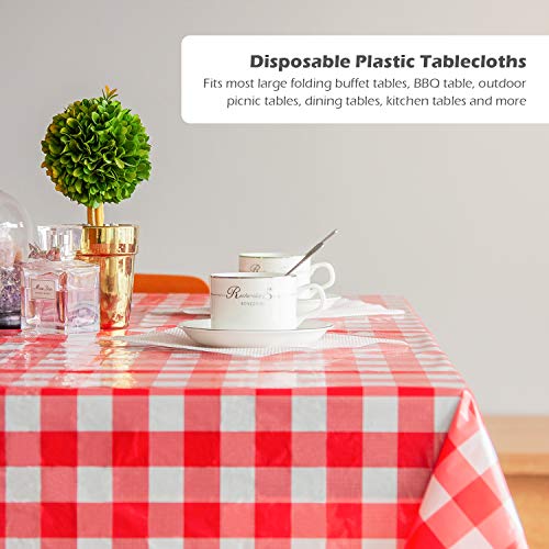 Puricon 6 Unidades Mantel Plástico Reutilizable 137 × 274 cm, Cubierta Plástica de Mesa Rectángula a Cuadros Rojo y Blanco para Bufé, Fiesta, Cena, Boda, Picnic y Más -Cuadro Rojo y Blanco