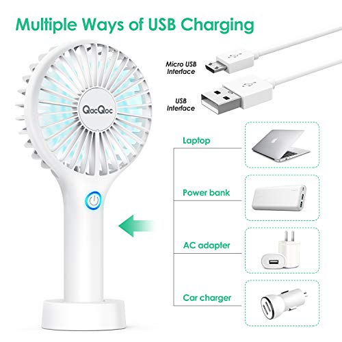 QacQoc Ventilador de Mano USB, Mini Ventilador Portátil Recargable con Carga USB y Base, 3 Velocidad para el Hogar, Sueño, Trabajo, Acampada, Viajes