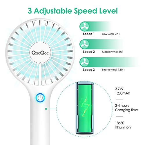 QacQoc Ventilador de Mano USB, Mini Ventilador Portátil Recargable con Carga USB y Base, 3 Velocidad para el Hogar, Sueño, Trabajo, Acampada, Viajes