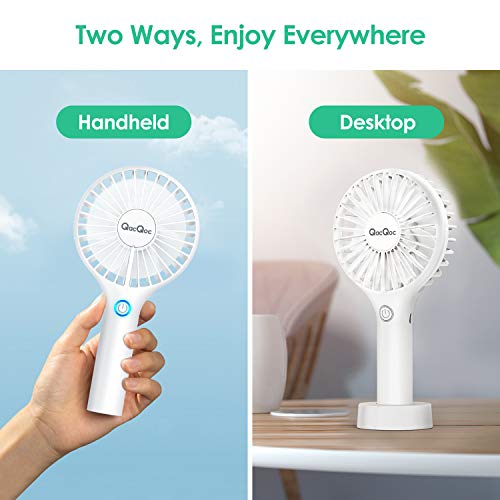 QacQoc Ventilador de Mano USB, Mini Ventilador Portátil Recargable con Carga USB y Base, 3 Velocidad para el Hogar, Sueño, Trabajo, Acampada, Viajes