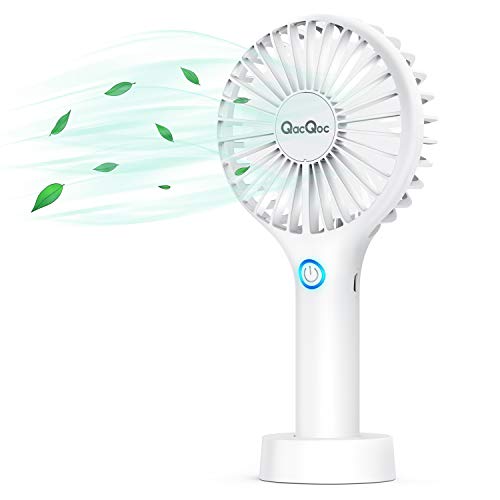 QacQoc Ventilador de Mano USB, Mini Ventilador Portátil Recargable con Carga USB y Base, 3 Velocidad para el Hogar, Sueño, Trabajo, Acampada, Viajes