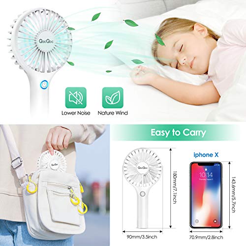 QacQoc Ventilador de Mano USB, Mini Ventilador Portátil Recargable con Carga USB y Base, 3 Velocidad para el Hogar, Sueño, Trabajo, Acampada, Viajes
