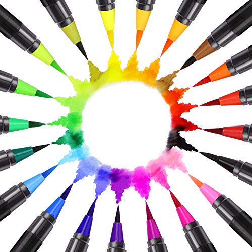 Qhui Rotuladores Punta Pincel 20 Colores y 1 Agua Pincel, Rotuladores Lettering con Punta suave y flexible, Rotuladores Acuarelables perfecto para Caligrafía, Manga, Bullet Journal y Coloreado