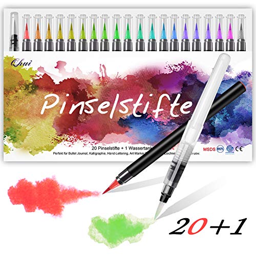 Qhui Rotuladores Punta Pincel 20 Colores y 1 Agua Pincel, Rotuladores Lettering con Punta suave y flexible, Rotuladores Acuarelables perfecto para Caligrafía, Manga, Bullet Journal y Coloreado