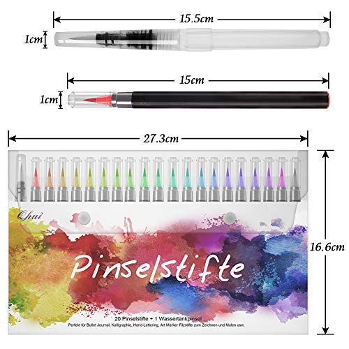 Qhui Rotuladores Punta Pincel 20 Colores y 1 Agua Pincel, Rotuladores Lettering con Punta suave y flexible, Rotuladores Acuarelables perfecto para Caligrafía, Manga, Bullet Journal y Coloreado