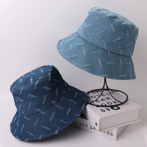 QIANGU Sombrero de Pescador, Sombrero de Cubo de Mezclilla Vintage para Mujer, Gorro de Pescador con protección Solar con Rayas de Cicatriz desgastadas, Azul Oscuro