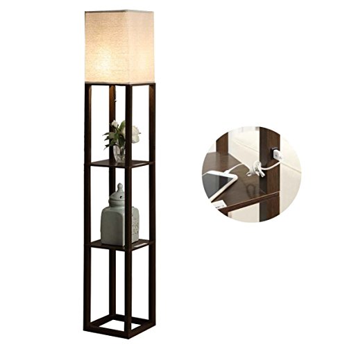 QIANGUANG Iluminación interior 1.6m Lámpara de pie de madera con estantes Teléfono con toma de carga USB para sala de estar del dormitorio (sin bombilla) (Marrón)