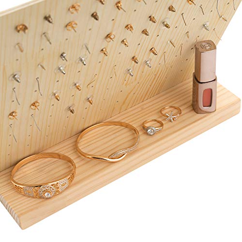 QILICZ - Soporte para joyas, soporte para pendientes, soporte para pendientes de madera, 132 agujeros, soporte para joyas, árbol con bandeja de madera maciza