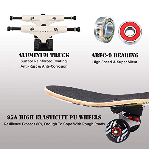 Qinmo Estándar monopatines, tablas de skate de 31 pulgadas Pro monopatín con 8 arce capa for Niños Chicas Chicos Adolescentes Adultos, completa retroceso doble Patín con ABEC-9 rodamientos de alta vel