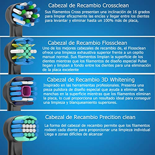 QLEBAO Recambios Cepillo Compatible con Oral b Recambios Cepillos Electricos, 16 Cabezales para Oral B, 4 Whiteclean, 4 Precision-Clean, 4Flossclean, 4 Crossclean Cabezales de Cepillo de Dientes Negro