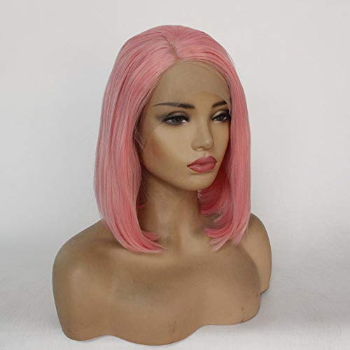 QLSGO Pink Ladies Short Straight Hair Wigs Side Split Bobo Hair Tips Inside Hebilla Peluca de encaje frontal，el mejor pelo sintético para un aspecto muy natural 18 pulgadas