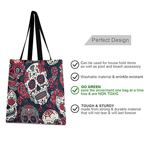 QMIN Bolsa de lona con diseño de calavera de azúcar, reutilizable, lavable, bolsa de compras duradera, bolsa de hombro de gran capacidad para mujeres y hombres