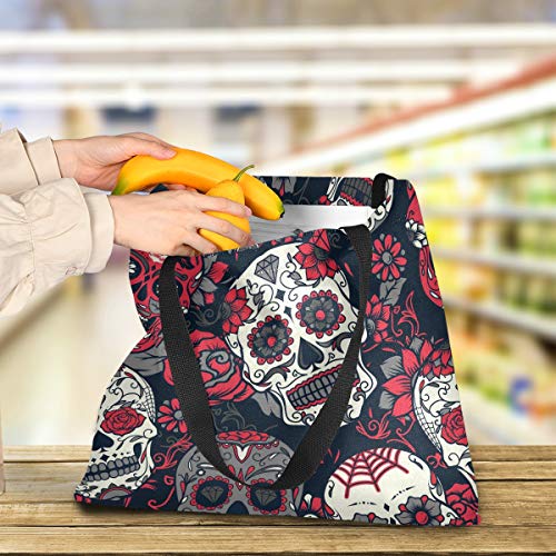 QMIN Bolsa de lona con diseño de calavera de azúcar, reutilizable, lavable, bolsa de compras duradera, bolsa de hombro de gran capacidad para mujeres y hombres