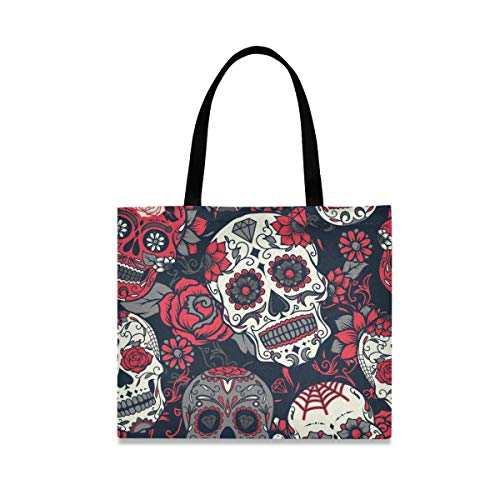 QMIN Bolsa de lona con diseño de calavera de azúcar, reutilizable, lavable, bolsa de compras duradera, bolsa de hombro de gran capacidad para mujeres y hombres