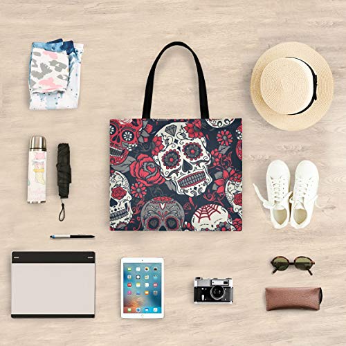 QMIN Bolsa de lona con diseño de calavera de azúcar, reutilizable, lavable, bolsa de compras duradera, bolsa de hombro de gran capacidad para mujeres y hombres