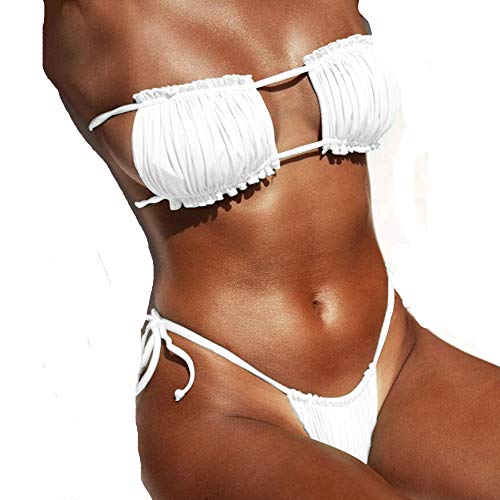 QMKJ Atractivo Plisado sin Tirantes del Bikini Ahuecado Traje de baño de Alta Corte triángulo Inferior de Dos Piezas para SPA Playa Piscina Surf,Amarillo,L