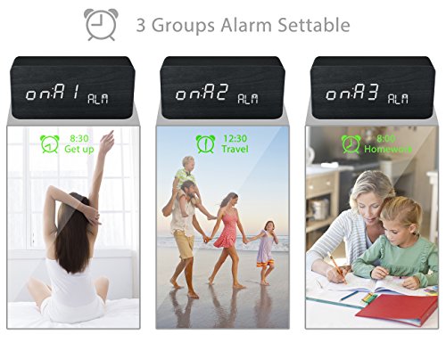 Qoosea Reloj Despertador LED Reloj de Alarma de Madera Comando de Voz táctil Relojes Digitales USB Reloj de Madera Moderno 3 Niveles Brillo Ajustable 3 Alarmas Reloj de Escritorio Hora