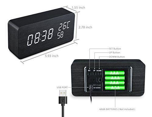 Qoosea Reloj Despertador LED Reloj de Alarma de Madera Comando de Voz táctil Relojes Digitales USB Reloj de Madera Moderno 3 Niveles Brillo Ajustable 3 Alarmas Reloj de Escritorio Hora