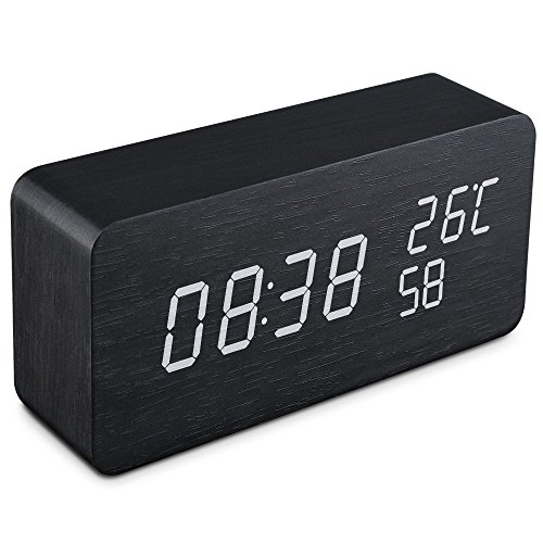 Qoosea Reloj Despertador LED Reloj de Alarma de Madera Comando de Voz táctil Relojes Digitales USB Reloj de Madera Moderno 3 Niveles Brillo Ajustable 3 Alarmas Reloj de Escritorio Hora