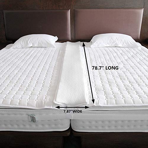 Qucover Puente de Cama Doble,Amor Puente,Conector de Colchón Doble，Cuña de colchón,con Correa Banda de conexión unir Colchones,de Esponja Blanco (200×20×7.5cm)