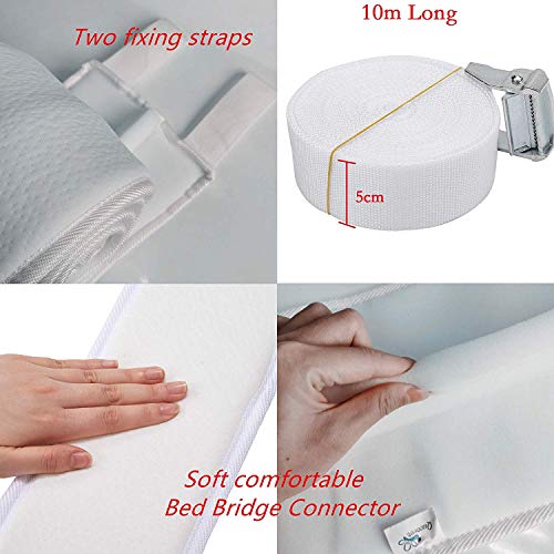 Qucover Puente de Cama Doble,Amor Puente,Conector de Colchón Doble，Cuña de colchón,con Correa Banda de conexión unir Colchones,de Esponja Blanco (200×20×7.5cm)