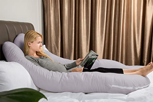 QUEEN ROSE Almohada con Forma de U, Almohada de Embarazo y Maternidad con Funda extraíble y Lavable (165 x 80 cm, Algodón, Gris)