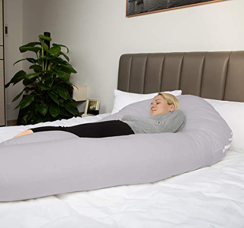 QUEEN ROSE Almohada con Forma de U, Almohada de Embarazo y Maternidad con Funda extraíble y Lavable (165 x 80 cm, Algodón, Gris)