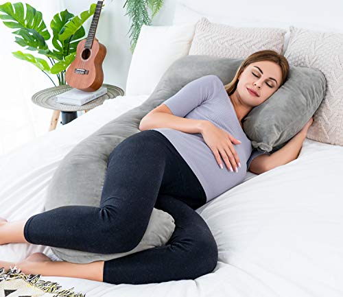 QUEEN ROSE Almohada para el Embarazo - En Forma de U - Almohada para el Cuerpo del Embarazo - para Cuello/Espalda/Piernas con Funda de Almohada para el Cuerpo (Peluche, Gris)