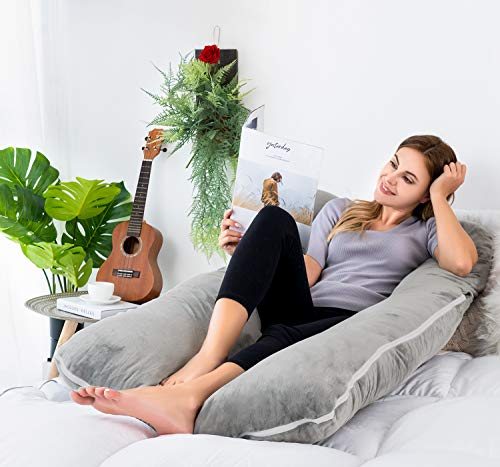 QUEEN ROSE Almohada para el Embarazo - En Forma de U - Almohada para el Cuerpo del Embarazo - para Cuello/Espalda/Piernas con Funda de Almohada para el Cuerpo (Peluche, Gris)