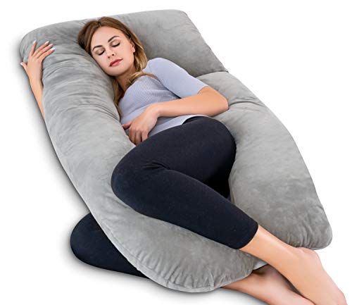 QUEEN ROSE Almohada para el Embarazo - En Forma de U - Almohada para el Cuerpo del Embarazo - para Cuello/Espalda/Piernas con Funda de Almohada para el Cuerpo (Peluche, Gris)