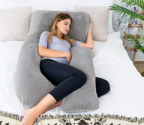 QUEEN ROSE Almohada para el Embarazo - En Forma de U - Almohada para el Cuerpo del Embarazo - para Cuello/Espalda/Piernas con Funda de Almohada para el Cuerpo (Peluche, Gris)