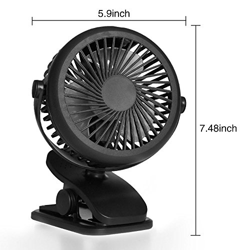 Queta Ventilador Portátil con Clip USB o Batería Recargable de 1600mAh 360°Ajustable Bajo Ruido para Cochecito de Bebé,Oficina, Hogar, Actividades al Aire Libre (Negro)