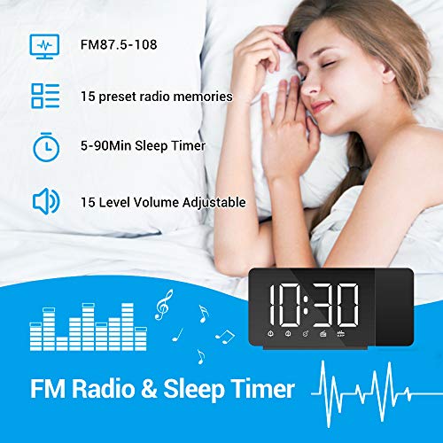 Quntis Reloj Despertador Digital, Despertador Proyector con FM Radio,Brillo de Proyección 360°Ajustable,12/24 H,2 Despertadores con Snooze,Pantalla LED 7.4" con Memoria para Casa,Dormitorio,Oficina