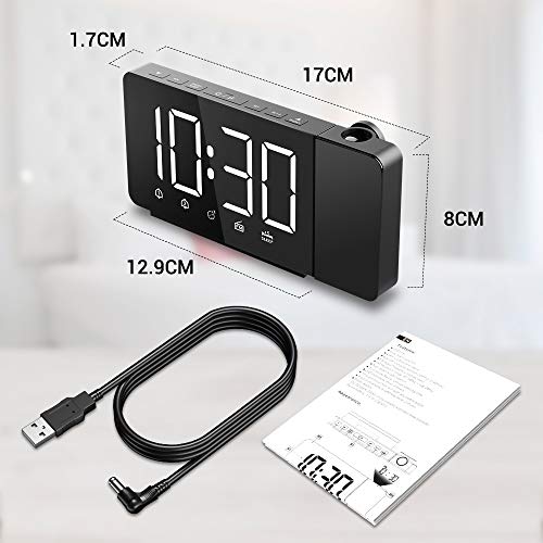 Quntis Reloj Despertador Digital, Despertador Proyector con FM Radio,Brillo de Proyección 360°Ajustable,12/24 H,2 Despertadores con Snooze,Pantalla LED 7.4" con Memoria para Casa,Dormitorio,Oficina