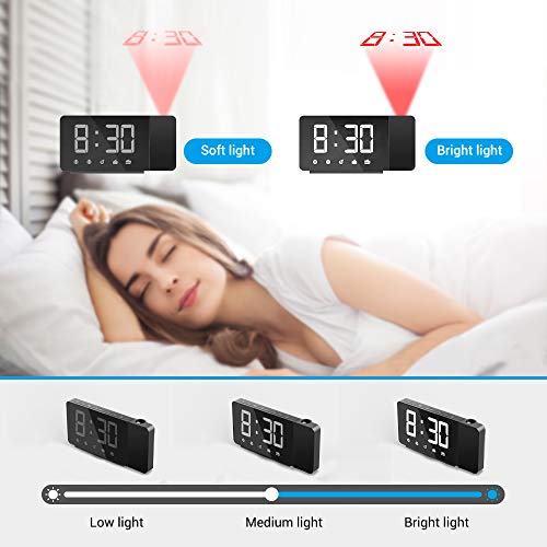 Quntis Reloj Despertador Digital, Despertador Proyector con FM Radio,Brillo de Proyección 360°Ajustable,12/24 H,2 Despertadores con Snooze,Pantalla LED 7.4" con Memoria para Casa,Dormitorio,Oficina