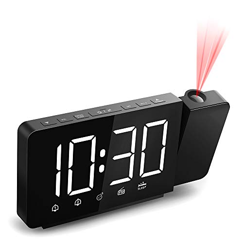 Quntis Reloj Despertador Digital, Despertador Proyector con FM Radio,Brillo de Proyección 360°Ajustable,12/24 H,2 Despertadores con Snooze,Pantalla LED 7.4" con Memoria para Casa,Dormitorio,Oficina