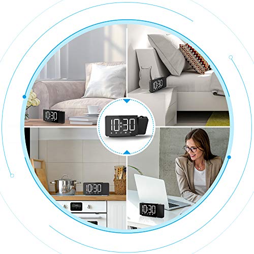 Quntis Reloj Despertador Digital, Despertador Proyector con FM Radio,Brillo de Proyección 360°Ajustable,12/24 H,2 Despertadores con Snooze,Pantalla LED 7.4" con Memoria para Casa,Dormitorio,Oficina