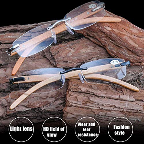 QWSA Marco De Madera Gafas De Lectura Sin Aros Presbicia Portátil Hombres Mujeres Vidrio De Lectura Antiguo Ligero Cómodo Anteojos Súper Elásticos (2 Piezas),+ 2.5