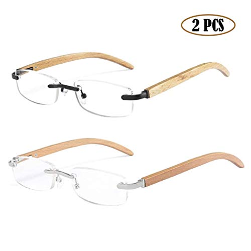QWSA Marco De Madera Gafas De Lectura Sin Aros Presbicia Portátil Hombres Mujeres Vidrio De Lectura Antiguo Ligero Cómodo Anteojos Súper Elásticos (2 Piezas),+ 2.5