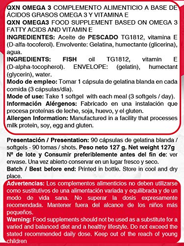 QXN Omega 3 + Vitamina E 90 Cápsulas | Complemento Alimenticio con Omega 3 y Vitamina E, Reduce Colesterol, Ayuda Sistema Neurológico, Reduce Inflamación Muscular, Propiedades Antioxidantes