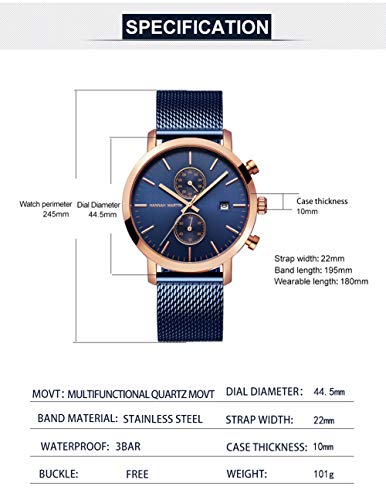 QZPM para Hombre Relojes De Acero Inoxidable Ultra-Delgado Impermeable Analógico Reloj De Cuarzo Reloj De Los Hombres De Negocios Vestido,Azul