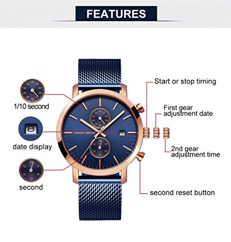 QZPM para Hombre Relojes De Acero Inoxidable Ultra-Delgado Impermeable Analógico Reloj De Cuarzo Reloj De Los Hombres De Negocios Vestido,Azul
