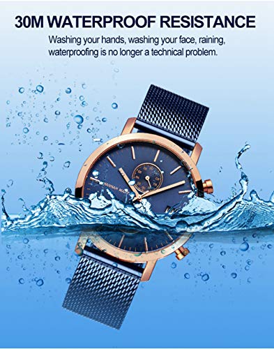 QZPM para Hombre Relojes De Acero Inoxidable Ultra-Delgado Impermeable Analógico Reloj De Cuarzo Reloj De Los Hombres De Negocios Vestido,Azul